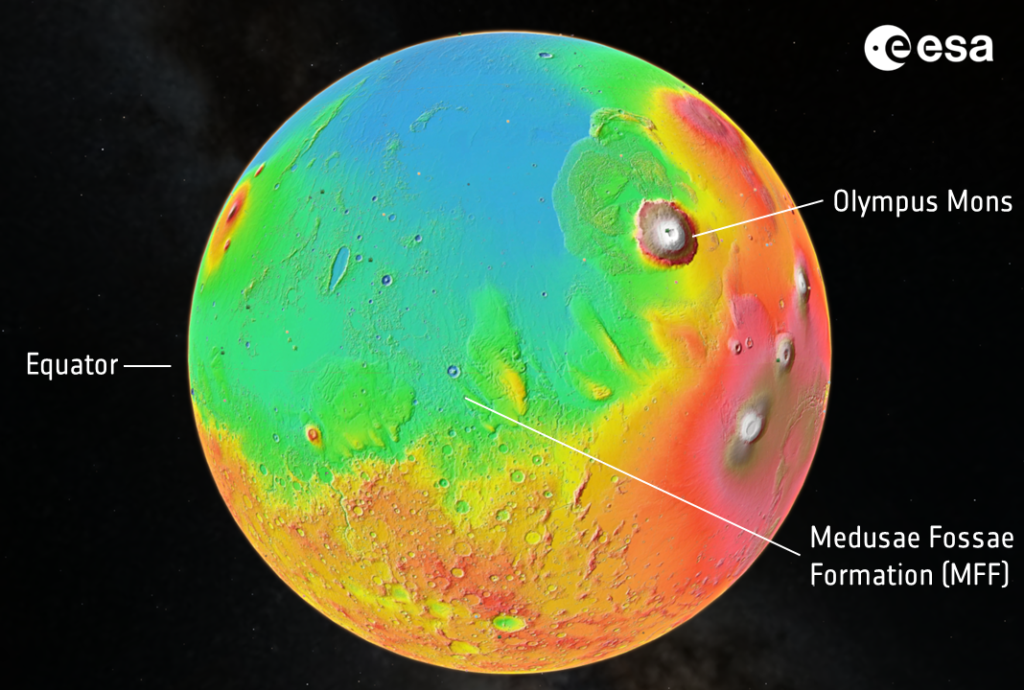MARS EXPRESS Mappa topografica di Marte, che mostra la posizione della regione Medusae Fossae, in prossimità dell’equatore. Le regioni di colore rosso corrispondono ad altitudini più elevate. Credit: ESA