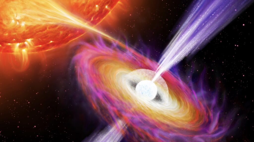 stelle di neutroni burst final Rappresentazione artistica di come le esplosioni nucleari su una stella di neutroni alimentano i getti che escono dalle sue regioni magnetiche polari. In primo piano, al centro a destra, vediamo una sfera bianca molto luminosa, che rappresenta la stella di neutroni; dei filamenti bianchi/viola fuoriescono dalla sua regione polare. La stella di neutroni è circondata da una sfera più grande, la corona, e più all'esterno da un disco con fasce concentriche di diversi colori. Una fascia arancione collega la parte esterna del disco a una grande sezione giallo-arancione-rossa di una sfera nell'angolo in alto a sinistra. Questa rappresenta la stella compagna della stella di neutroni. Crediti: Danielle Futselaar, Nathalie Degenaar, Anton Pannekoek Institute, University of Amsterdam.