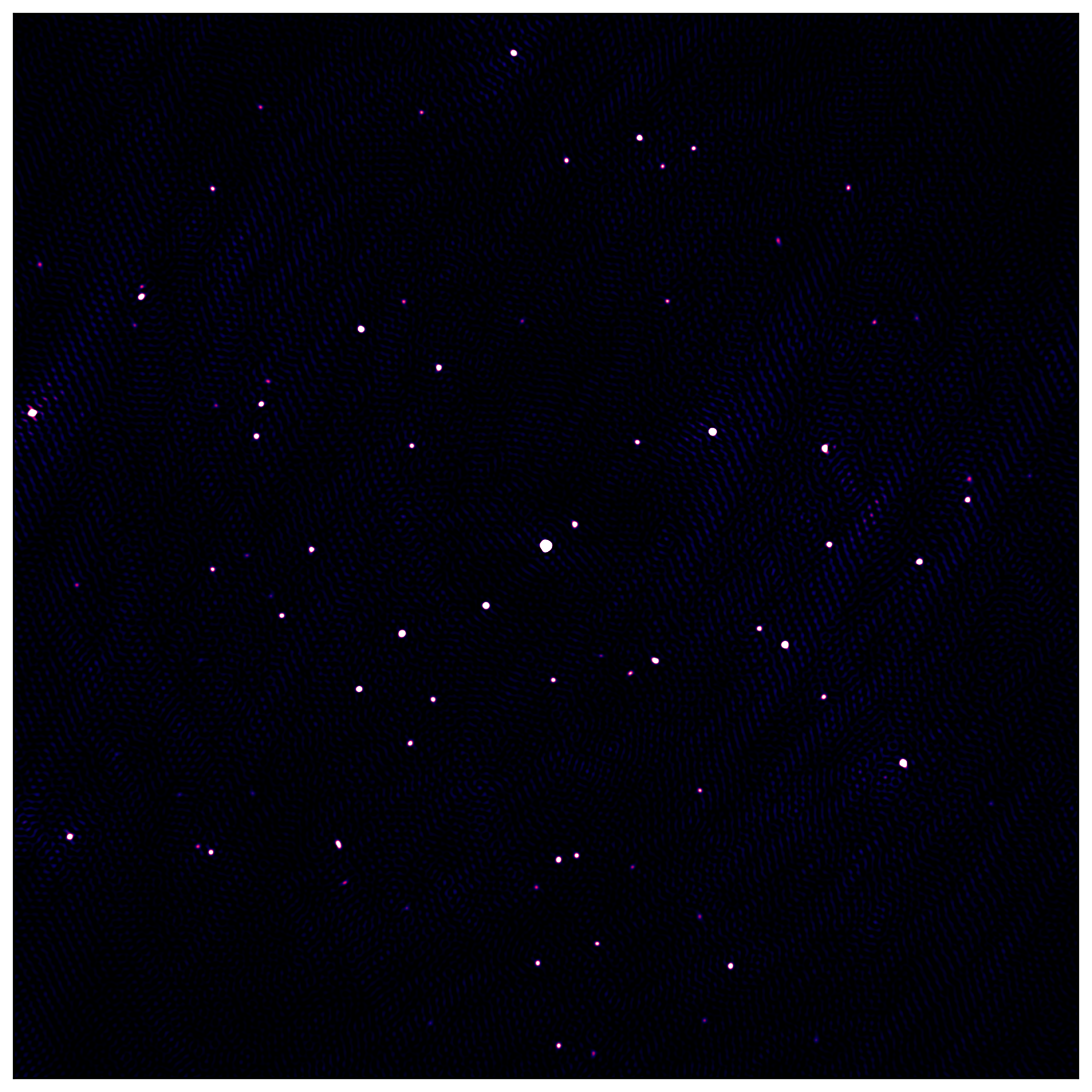 Cielo stellato oscuro con punti bianchi e dettagli viola. Immagine SKA-Low, sguardo spaziale.
