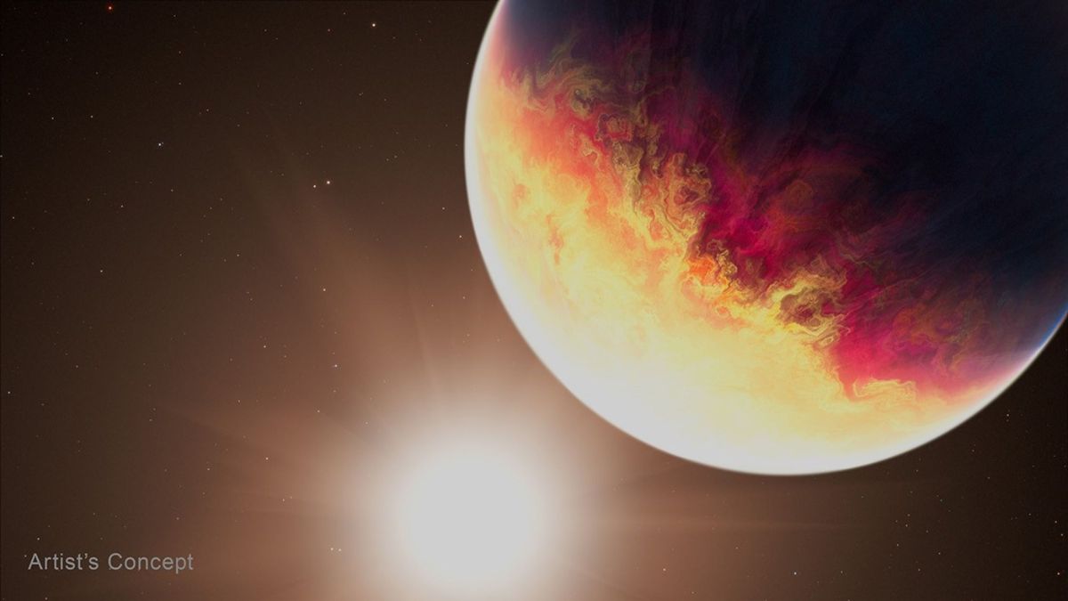 Rappresentazione artistica di HD 80606 b, esopianeta gigante osservato dal James Webb durante forti variazioni termiche atmosferiche.