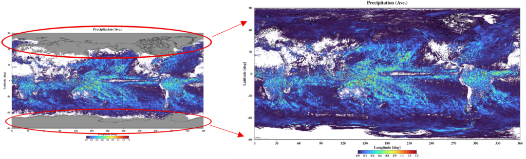 JAXA avvia la distribuzione dei dati AMSR3, il nuovo sensore che migliora le previsioni meteorologiche satellitari 1 Confronto tra le mappe globali delle precipitazioni ottenute con JAXA AMSR3 e il precedente AMSR2, che evidenzia la riduzione delle aree prive di dati alle alte latitudini.