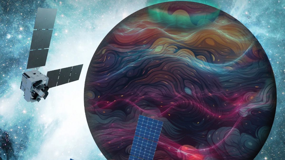 Illustrazione della missione DAPHNE con due satelliti che studiano le interazioni tra atmosfera terrestre, ionosfera e meteorologia spaziale.
