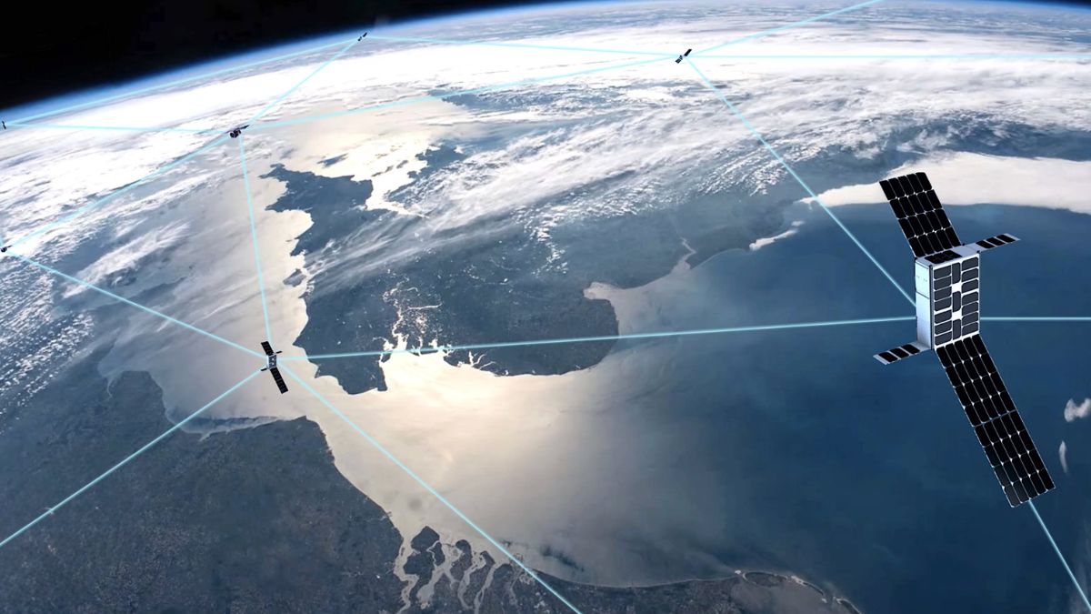 Costellazione di satelliti in orbita terrestre utilizzata per applicazioni di sicurezza marittima basate su dati satellitari e AI.