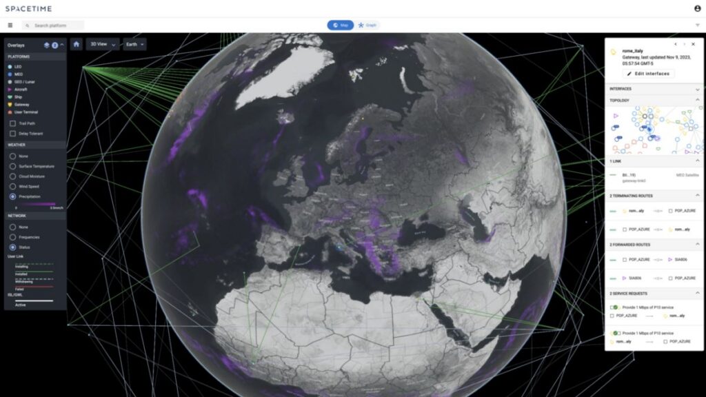 L'ESA investe nel software per le comunicazioni nello spazio profondo: Aalyria realizzerà il nuovo Network Operations Center 1 Interfaccia della piattaforma Spacetime di Aalyria utilizzata per la gestione di reti di comunicazione satellitari e spaziali, tecnologia alla base del Network Operations Center sviluppato per l'ESA.
