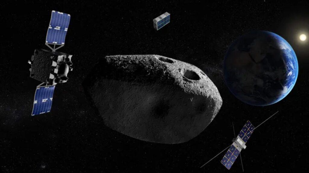 Missione Ramses: ESA sceglie EMXYS per il lander che studierà l'asteroide Apophis dalla superficie 1 Illustrazione della missione Ramses con il lander Don Quijote e la sonda ESA in prossimità dell'asteroide Apophis durante il passaggio ravvicinato alla Terra.