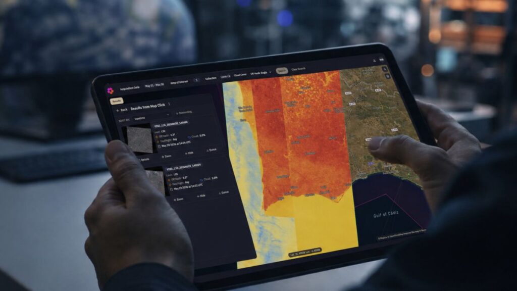 Hydrosat accelera la strategia commerciale con il nuovo Discovery Portal per i dati termici 1 Interfaccia di Hydrosat Discovery Portal con immagini satellitari termiche utilizzate per l'analisi della temperatura superficiale terrestre.