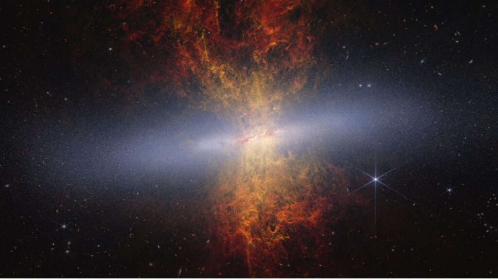 James Webb svela nuovi dettagli di Messier 82, nuove tracce sull'evoluzione della Galassia del Sigaro 1 Immagine del James Webb M82 che mostra la Galassia del Sigaro (Messier 82) con i flussi di gas e polveri prodotti dall'intensa formazione stellare.