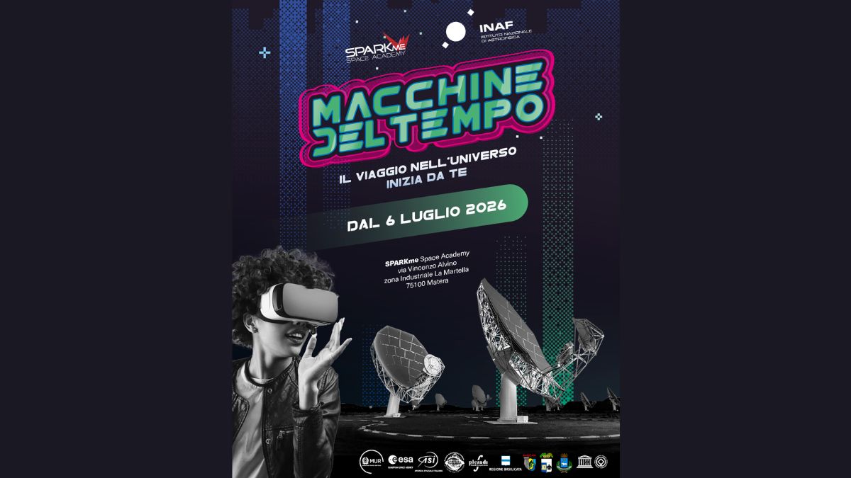 Locandina della mostra Macchine del Tempo, inaugurata in forma permanente allo SPARKme Space Academy di Matera nell'ambito del progetto di divulgazione scientifica dell'INAF.