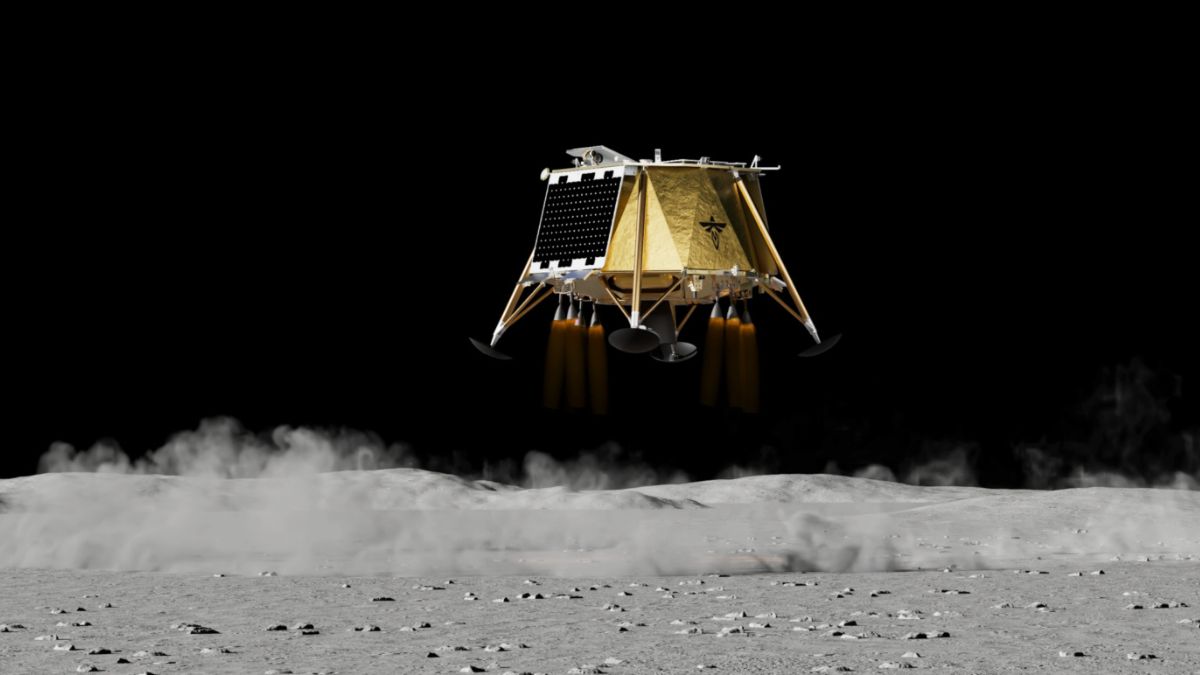 Il lander Blue Ghost di Firefly Aerospace durante una simulazione di discesa verso la superficie lunare nell'ambito del programma NASA CLPS.