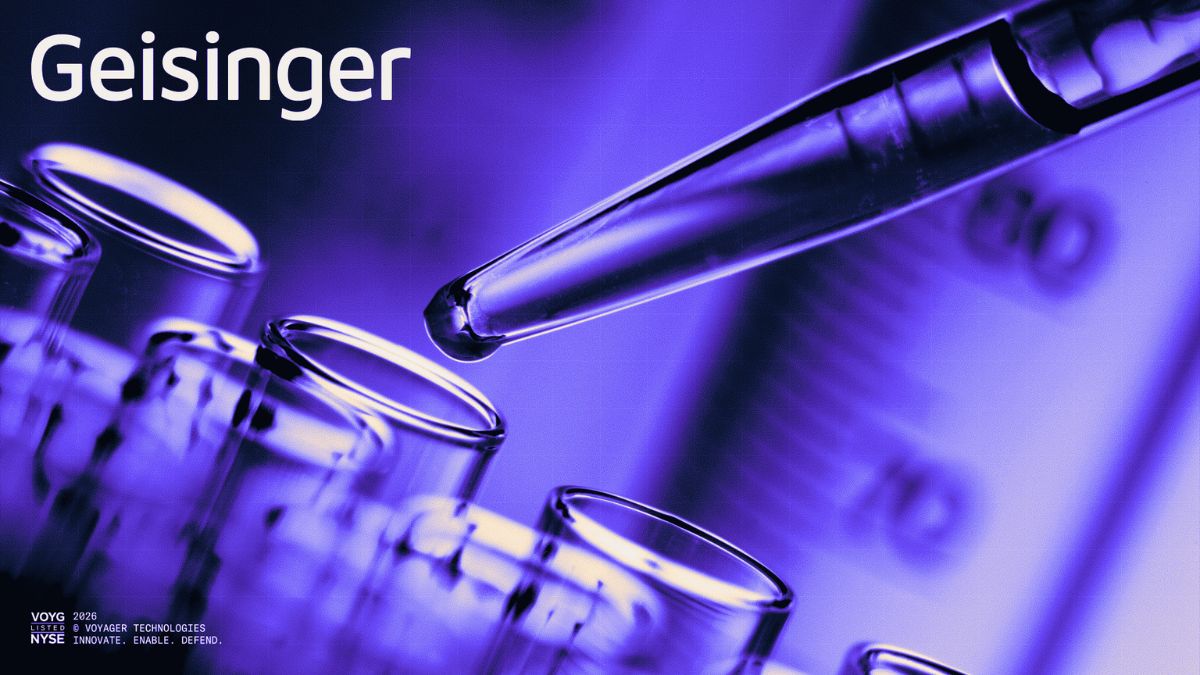 Grafica di Geisinger Health con provette da laboratorio, a supporto dell'annuncio della partnership con VISTA di Voyager Technologies per la ricerca in microgravità.