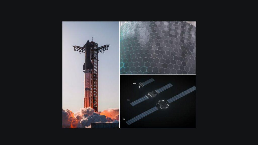 SpaceX integra Starship e Starlink in un unico test: sei satelliti V3 ispezioneranno lo scudo termico in volo 1 Starship sulla rampa di lancio, dettaglio dello scudo termico e confronto tra i satelliti Starlink V3 e le precedenti generazioni durante il test annunciato da SpaceX.