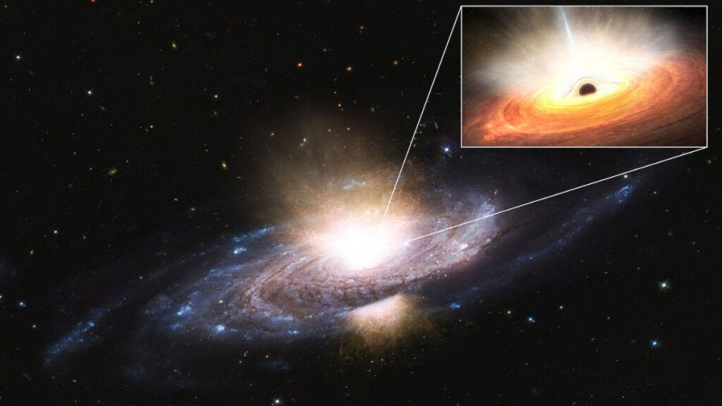 Scoperti i venti dei buchi neri più lontani mai osservati, nuova finestra sull'universo primordiale 1 Illustrazione di una galassia con un buco nero supermassiccio che genera i venti dei buchi neri osservati nel quasar WISSH13 nell'universo primordiale.