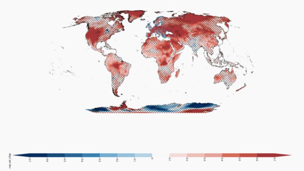 Dai dati climatici alle decisioni: cinque applicazioni Copernicus rendono più accessibile l'osservazione della Terra 1 Mappa dell'Atlante C3S utilizzata nelle app Copernicus per visualizzare la variazione della temperatura media estiva globale basata sui dati ERA5-Land.