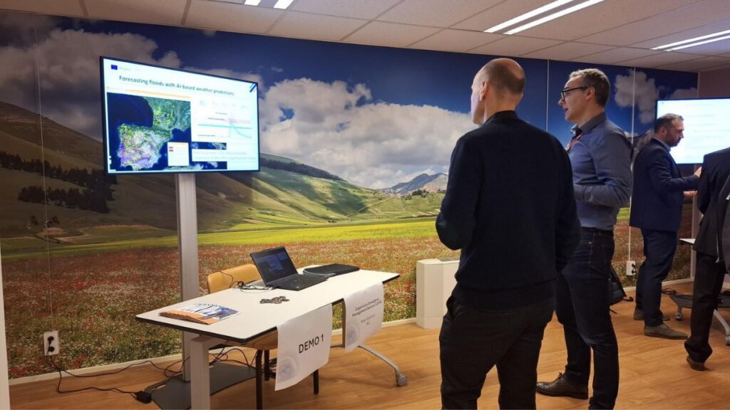 Destination Earth accelera con l'intelligenza artificiale: come evolvono i servizi europei di osservazione della Terra 1 Dimostrazione dell'applicazione AI4FloodDamage durante il workshop su Destination Earth e intelligenza artificiale organizzato dalla Commissione europea.