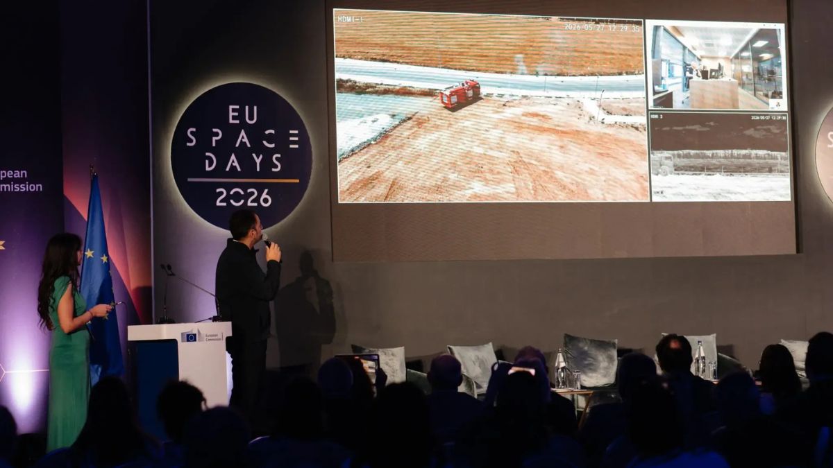 Dimostrazione di EU GOVSATCOM durante gli EU Space Days 2026 con trasmissione in tempo reale di dati e video da uno scenario di intervento antincendio.