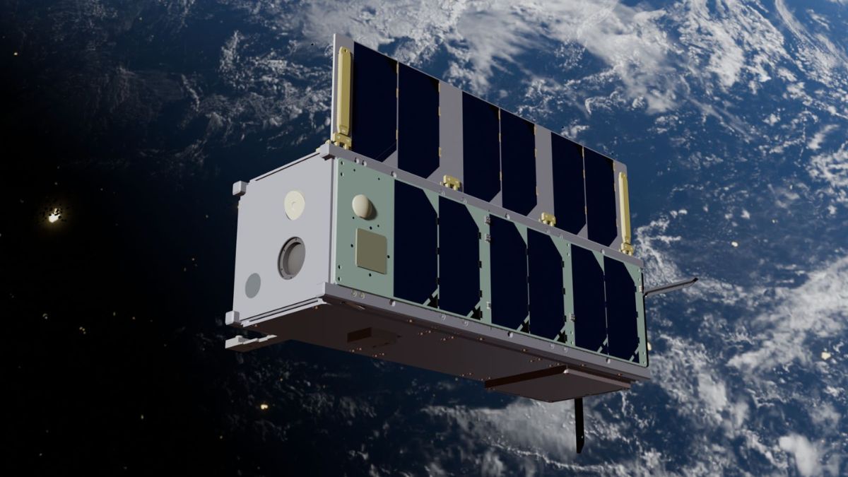 Rendering della piattaforma satellitare JANASAT sviluppata da Nurjana Technologies per applicazioni di Space Domain Awareness.