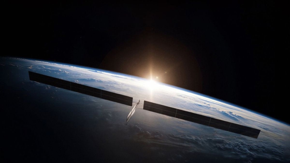 Rendering di data center AI in orbita con grandi pannelli solari sopra la Terra