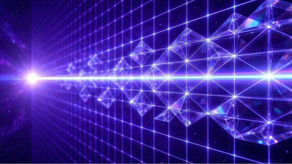 GRB 221009A, il fotone da 300 TeV apre una finestra sulla gravità quantistica 1 Rappresentazione artistica del fotone da 300 TeV di GRB 221009A mentre attraversa lo spazio-tempo quantistico