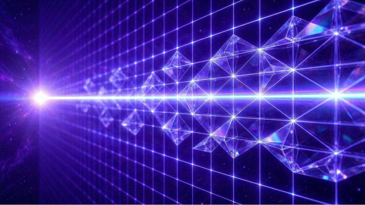Rappresentazione artistica del fotone da 300 TeV di GRB 221009A mentre attraversa lo spazio-tempo quantistico