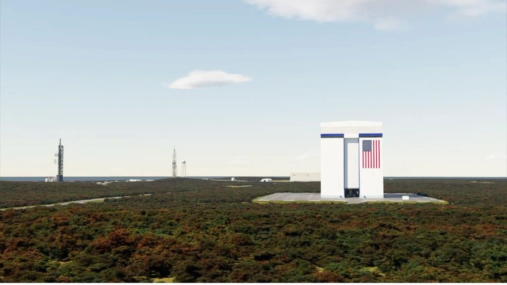 Blue Origin potenzia New Glenn: LC-36B e nuovi impianti per l’alta cadenza 1 Rendering 3D della struttura di integrazione verticale di Blue Origin con LC-36A e LC-36B sullo sfondo