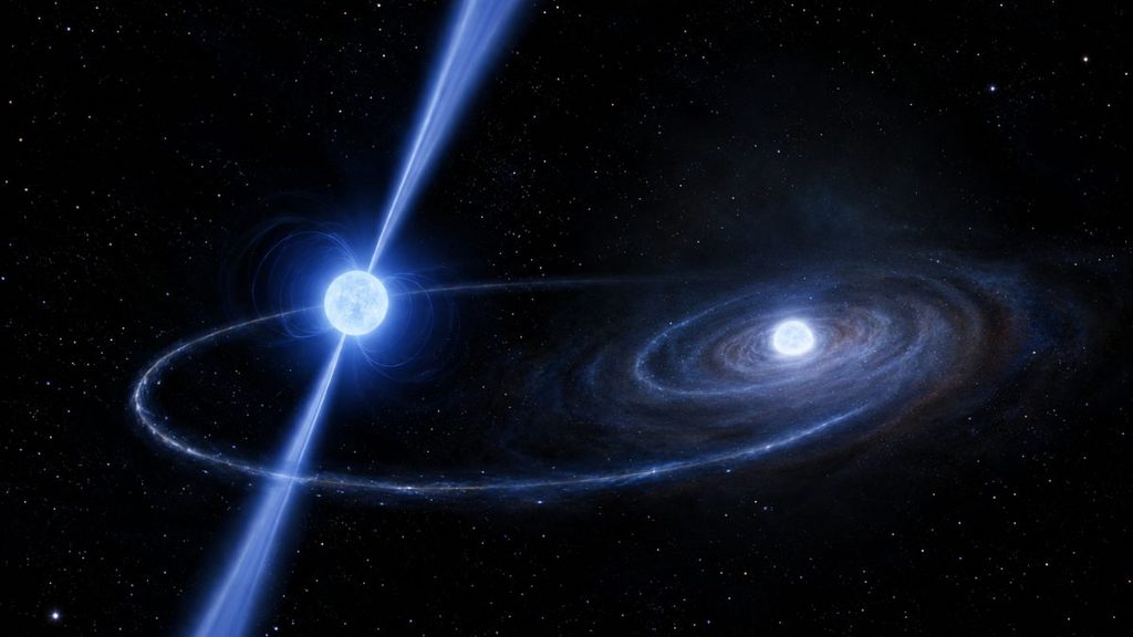 NGC 362D, scoperta la più giovane compagna nana bianca di una pulsar millisecondo 1 NGC 362D, rappresentazione artistica della pulsar millisecondo e della giovane nana bianca