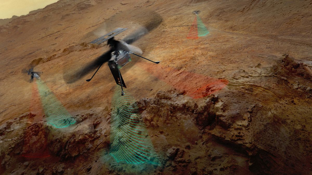 Tre elicotteri SkyFall della NASA sorvolano Marte durante le rilevazioni del radar SkyFall
