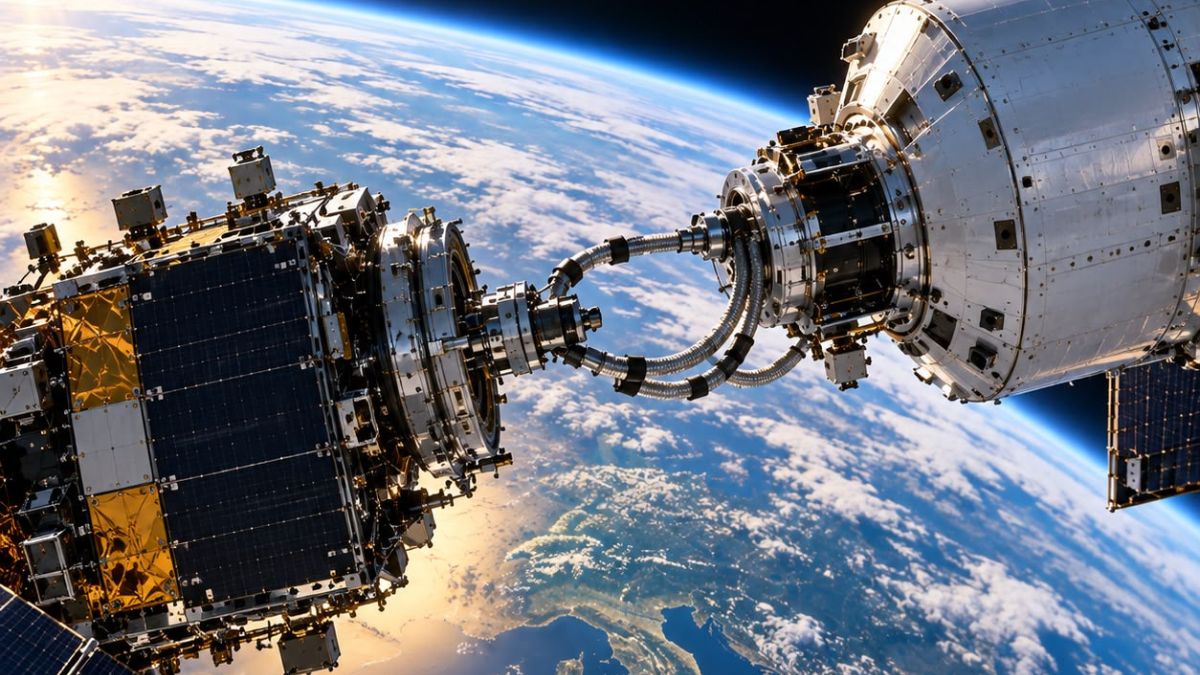 Rifornimento dei satelliti in orbita tra due veicoli spaziali sopra la Terra