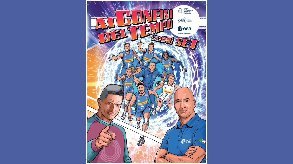 Spazio e pallavolo nella copertina del fumetto “Ai confini del tempo - L'ultimo set” di FIPAV, ASI ed ESA