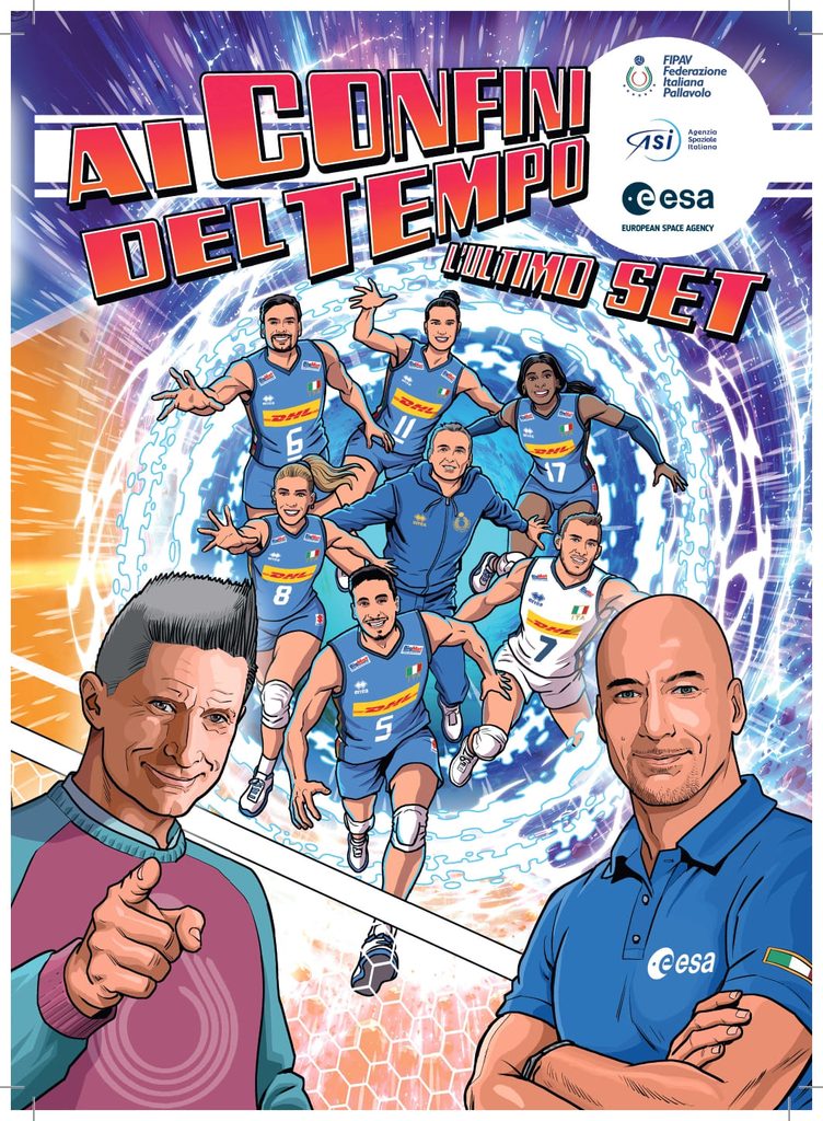 Spazio e pallavolo, Luca Parmitano e i campioni sfidano l’IA in “Ultimo set” 1 Spazio e pallavolo nella copertina del fumetto “Ai confini del tempo - L'ultimo set” di FIPAV, ASI ed ESA