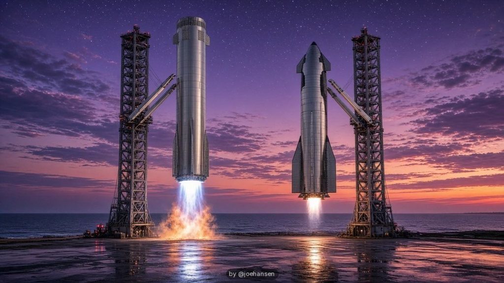 Starship, SpaceX punta a 456 lanci l’anno: il riutilizzo completo al centro del piano 1 Illustrazione del recupero dei due stadi SpaceX tramite torri di cattura, nel contesto del piano per 456 lanci Starship all'anno.