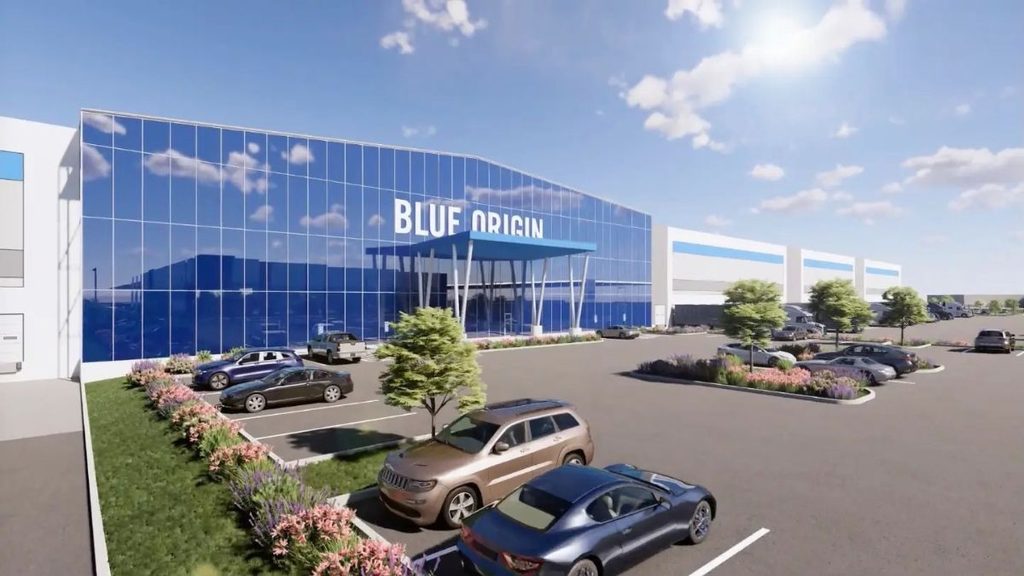 Blue Origin annuncia Constellation Park in Texas: oltre 2.000 posti di lavoro 1 Rendering di Constellation Park, il complesso industriale Blue Origin in Texas, con facciata vetrata e ingresso principale.