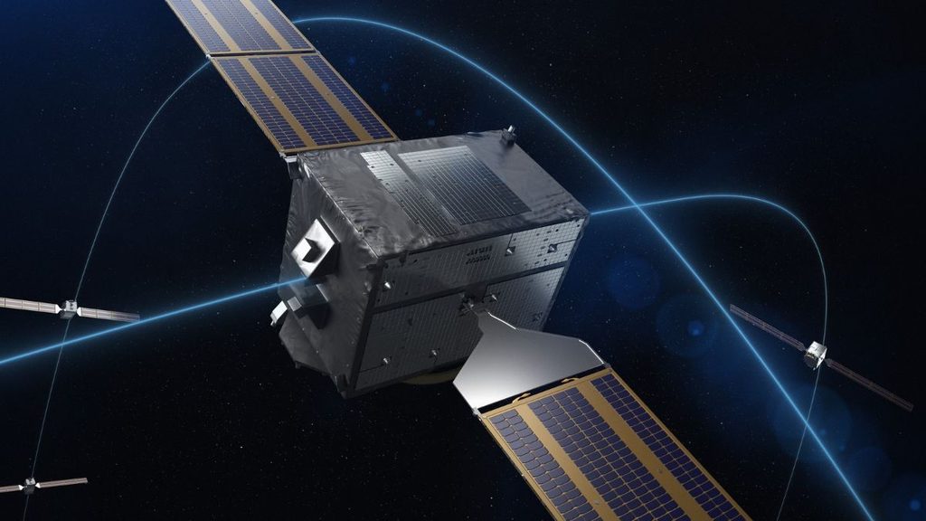 Galileo, Thales Alenia Space sale a otto satelliti: nuovi test e integrazione a Roma 1 Rappresentazione grafica di satelliti Galileo Seconda Generazione con pannelli solari nello spazio.