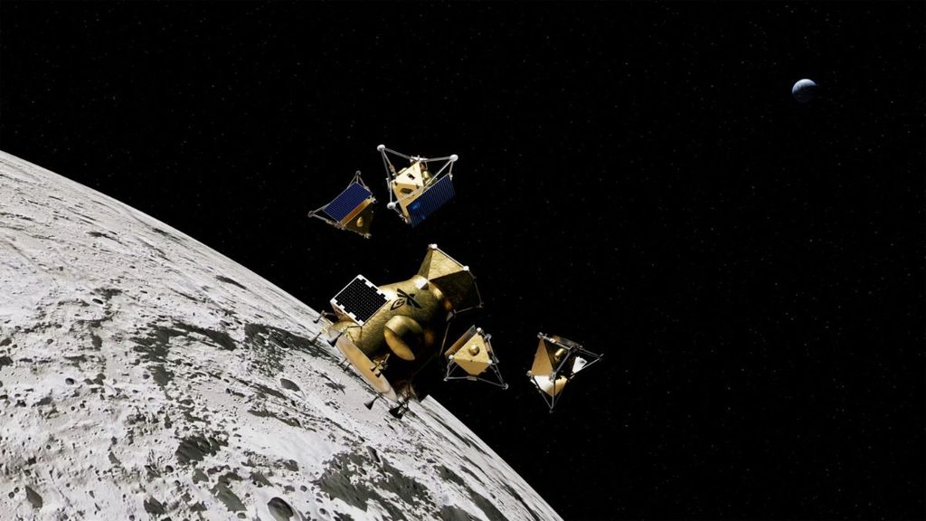 Firefly completa la revisione preliminare di Elytra per portare i droni NASA al polo sud lunare 1 Rendering di Elytra di Firefly Aerospace mentre rilascia i droni JPL sopra la Luna per la missione MoonFall della NASA.
