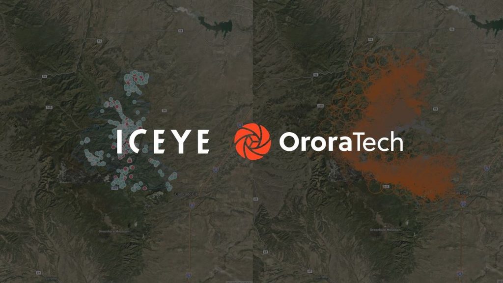 ICEYE e OroraTech integrano radar e sensori termici per monitorare gli incendi 1 Monitoraggio satellitare degli incendi: loghi ICEYE e OroraTech su mappe con dati di osservazione del territorio.