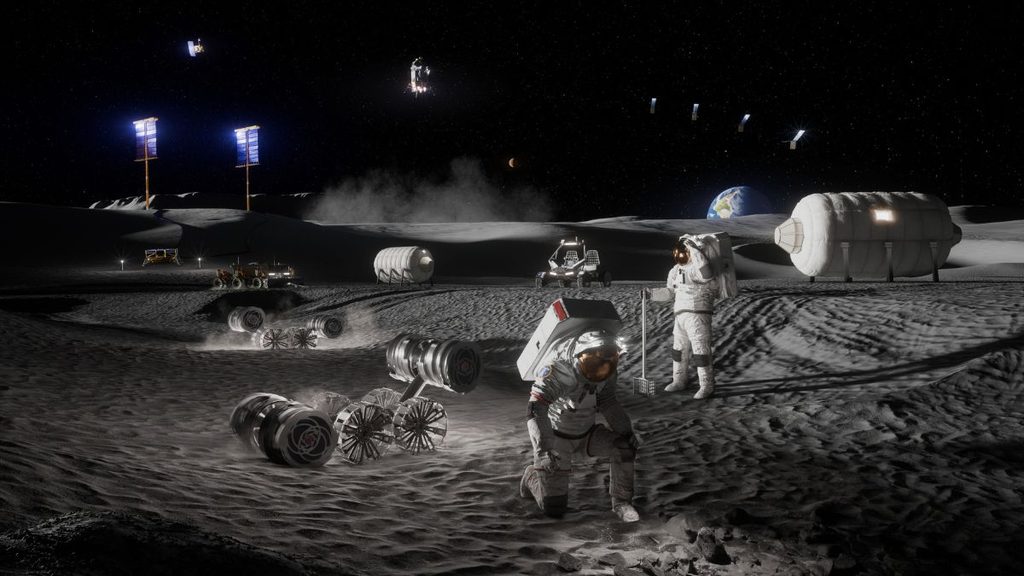 NASA, tre nuove indagini per la base lunare: sotto esame ghiaccio, lava tube e ambiente 1 Moon Base Program con astronauti, rover e habitat sulla superficie lunare
