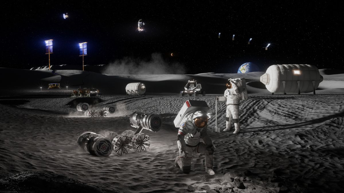 Moon Base Program con astronauti, rover e habitat sulla superficie lunare