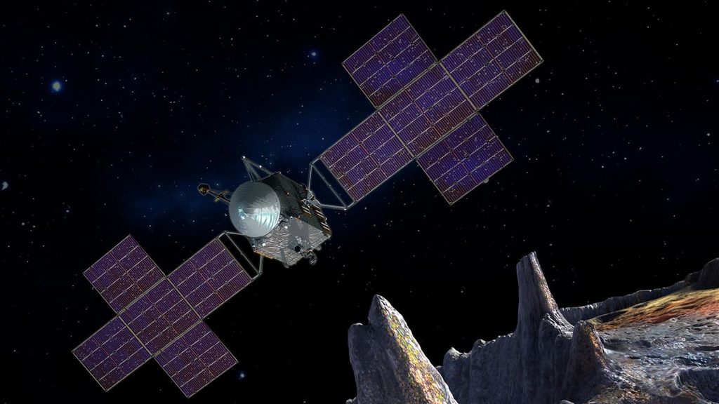NASA Psyche, motori elettrici attivi per il 90% del viaggio rimanente 1 Rappresentazione artistica della sonda NASA Psyche vicino all'asteroide, con i grandi pannelli solari che alimentano il sistema di propulsione elettrica di Psyche.