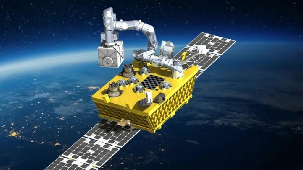 Rocket Lab, il braccio robotico sviluppato con NASA sarà testato in orbita nel 2027 1 Illustrazione di un satellite con pannelli solari e braccio robotico articolato nello spazio.