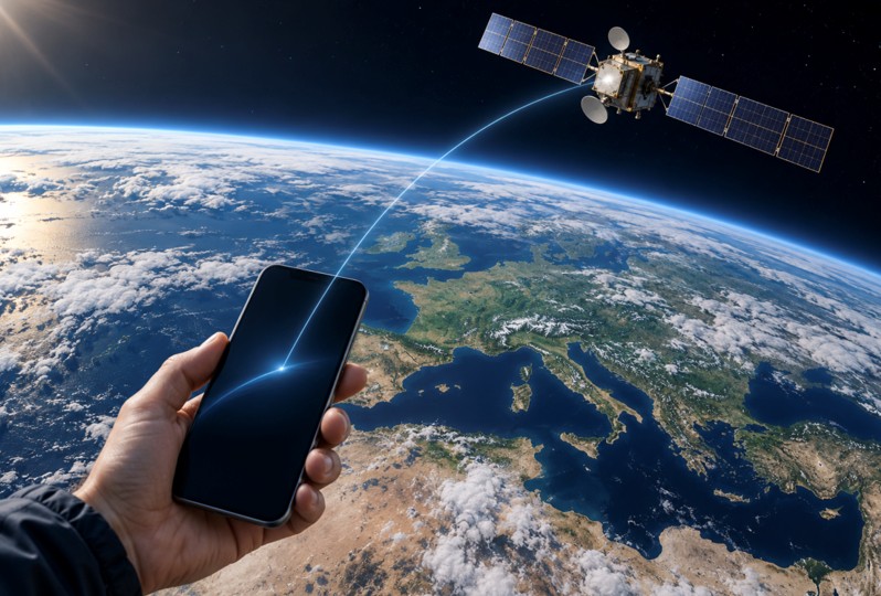 Satelliti e smartphone, quattro operatori per il D2D europeo 1 Satelliti e smartphone. Illustrazione di un satellite collegato a uno smartphone e a una rete terrestre europea