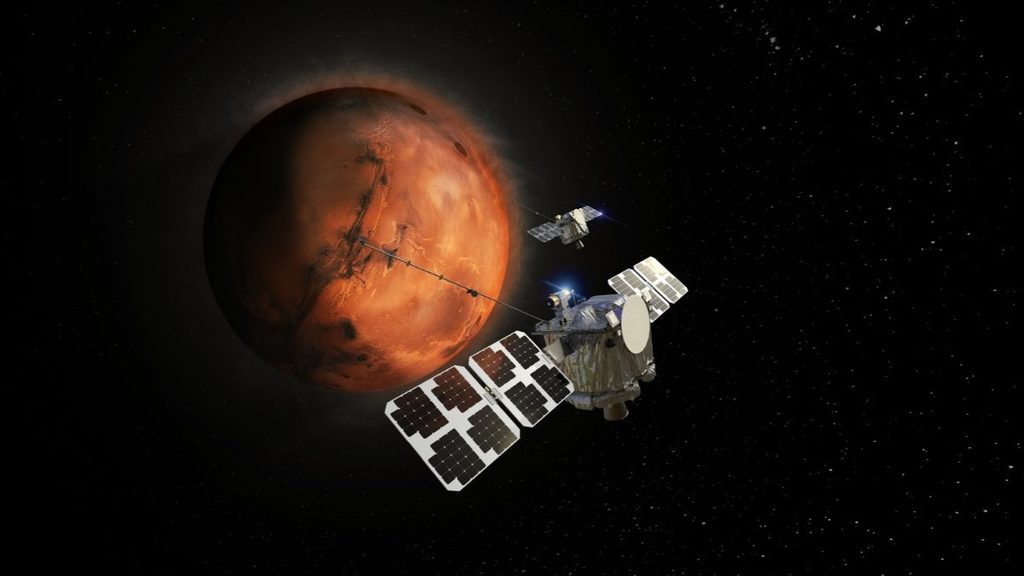 Missione ESCAPADE, a novembre il passaggio vicino alla Terra per raggiungere Marte 1 Sonde ESCAPADE verso Marte: rappresentazione artistica dei veicoli Blue e Gold con il pianeta sullo sfondo