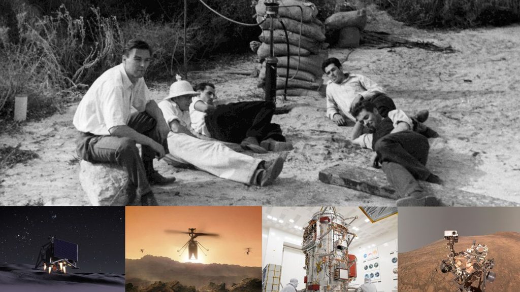 NASA JPL celebra 90 anni: dai primi razzi ai droni per Marte e Luna 1 Collage delle tecnologie NASA JPL: i pionieri del 1936, missioni robotiche per Luna e Marte, Europa Clipper e rover Perseverance.